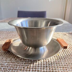 Stainless Steel Silver Bowl with Wooden Handles 7”